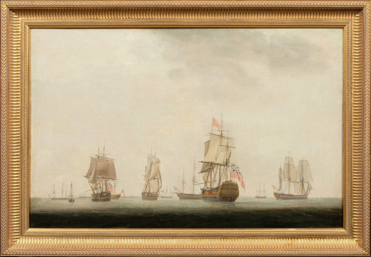 British Royal Navy Anchored Off The Coast, 18th Century Circle Of Thomas Whitcombe-photo-2