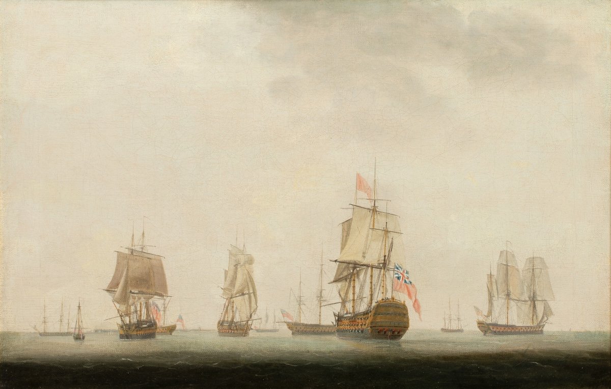 British Royal Navy Anchored Off The Coast, 18th Century Circle Of Thomas Whitcombe