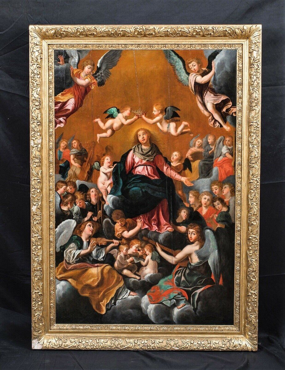 Le Couronnement De La Vierge, XVIIe Siècle   Ecole De Guido Reni (1575-1642) 