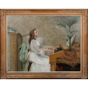 Portrait Of A Young Girl Playing The Piano, 19th Century By Berthe Burgkan (1855-1936)