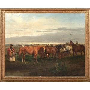 éleveur De Chevaux Et Chevaux Dans Un Paysage, XIXe Siècle  Par Wilhelm Richter (1824-1892) 