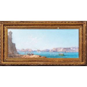 Le Grand Port, La Valette, Malte  Par Luigi M. Gallea (1847-1917)  Vue Du XIXe Siècle