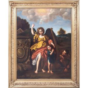 l'Ange Gabriel, Jésus Et Satan, XVIIe Siècle  Cercle De Domenichino (181-1641)  