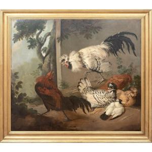 Ornamental Fowl Fight, Circa 1700 Attributed To Marmaduke Cradock (1660-1716)  