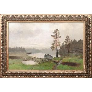 Moose At The Water's Edge, Great Lakes, Canada, 19th Century Signed Indistinctly  