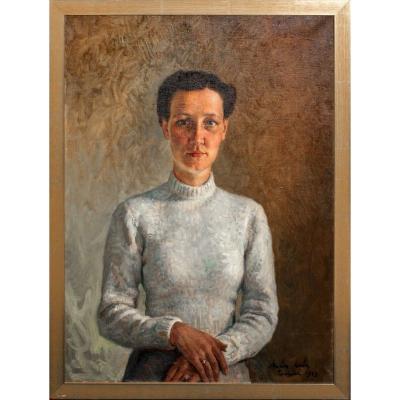 Portrait d'Une Dame En Blanc, Daté 1943  Par Marion Mroz (1892-1976)