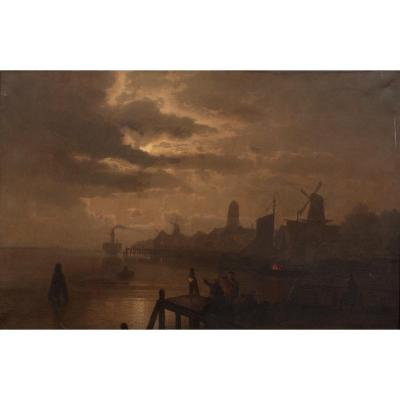 Paysage Au Clair De Lune De Dordrecht, XIXe Siècle  Félix Kreutzer (1835-1876)  