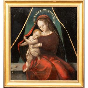 Vierge à l'Enfant, 16e 17e Siècle  Ecole Européenne. - Ancienne Huile Sur Panneau  16ème 17ème 