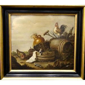 Chickens And Other Birds In A Farmyard, 18th Century Attributed To Marmaduke Cradock