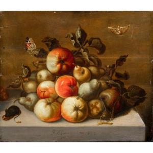 Study Of Apples, Pears, A Caterpillar, Butterflies And A Mouse 1635 Johannes Bouman