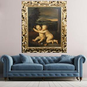 Putto Playing, 19th Century Bolognese School - Huge Piece And Superb Antique Gilt Frame