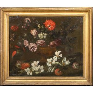 Nature Morte De Fleurs Et Un Perroquet  Ecole d'Andrea Belvedere (1652-1732)  