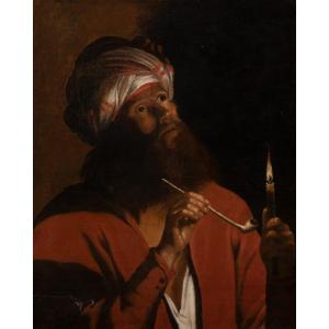 Portrait Of A Man Wearing A Turban Smoking A Pipe, 17th Century School Of Adam De Coster