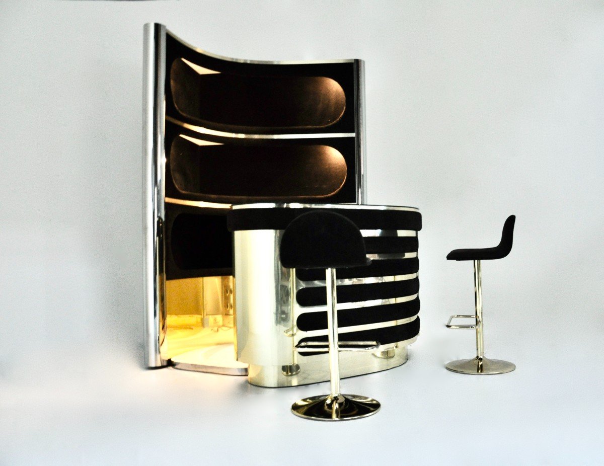 Bar Set With 2 Stools In The Style Of  Willy Rizzo, 1970s-photo-4