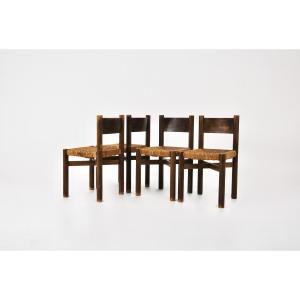 Chaises Meribel Par Charlotte Perriand Pour Steph Simon, 1950s, Ensemble De 4