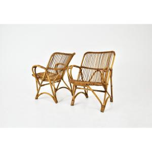 Ensemble De 2 Fauteuils Italiens En Rotin, 1960s