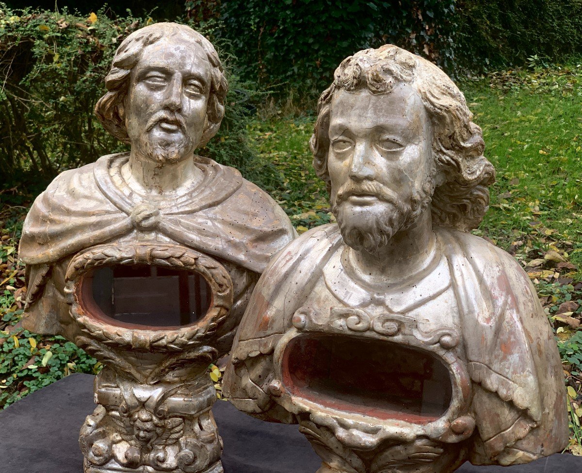 Italy XVIIth Cty, Suite Of 3 Large Baroque Wooden Carved And Silvered Reliquaries Busts-photo-2