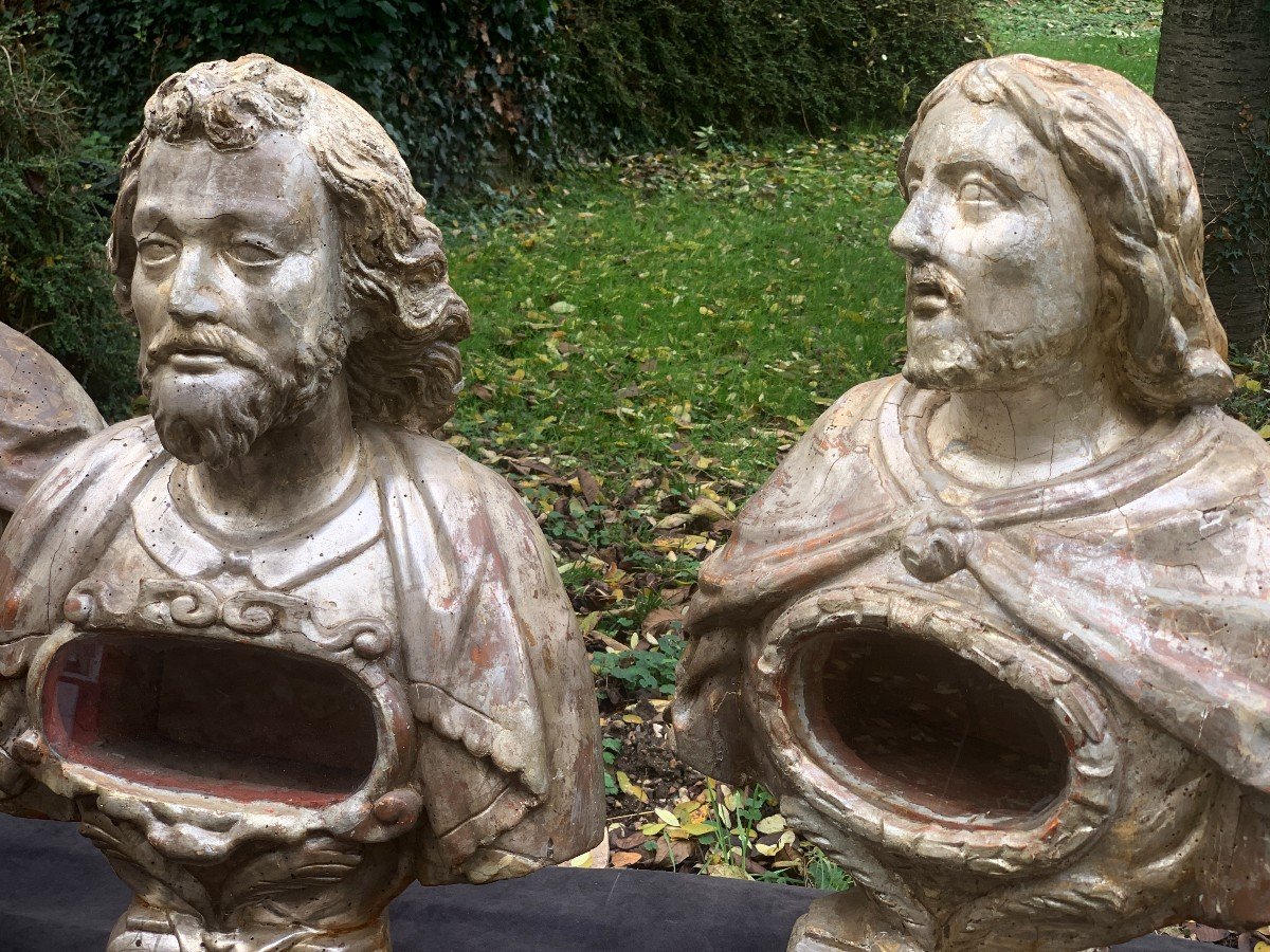 Italy XVIIth Cty, Suite Of 3 Large Baroque Wooden Carved And Silvered Reliquaries Busts-photo-5