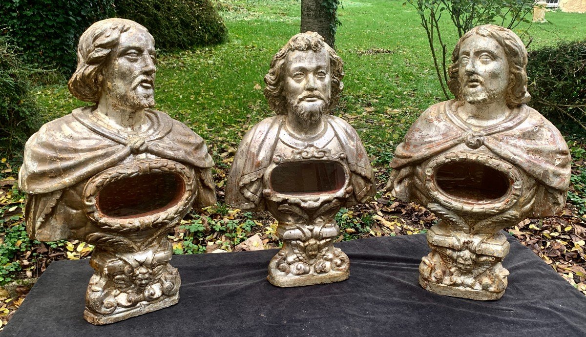 Italy XVIIth Cty, Suite Of 3 Large Baroque Wooden Carved And Silvered Reliquaries Busts-photo-7