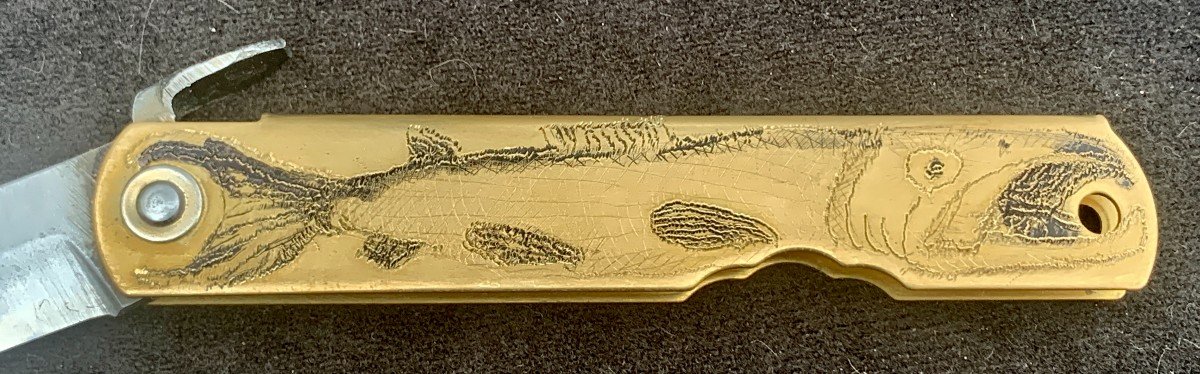 Iron & Brass Folding Knife Engraved With Salmon, Japan 20th Cty, Blade & Handle Signed-photo-1