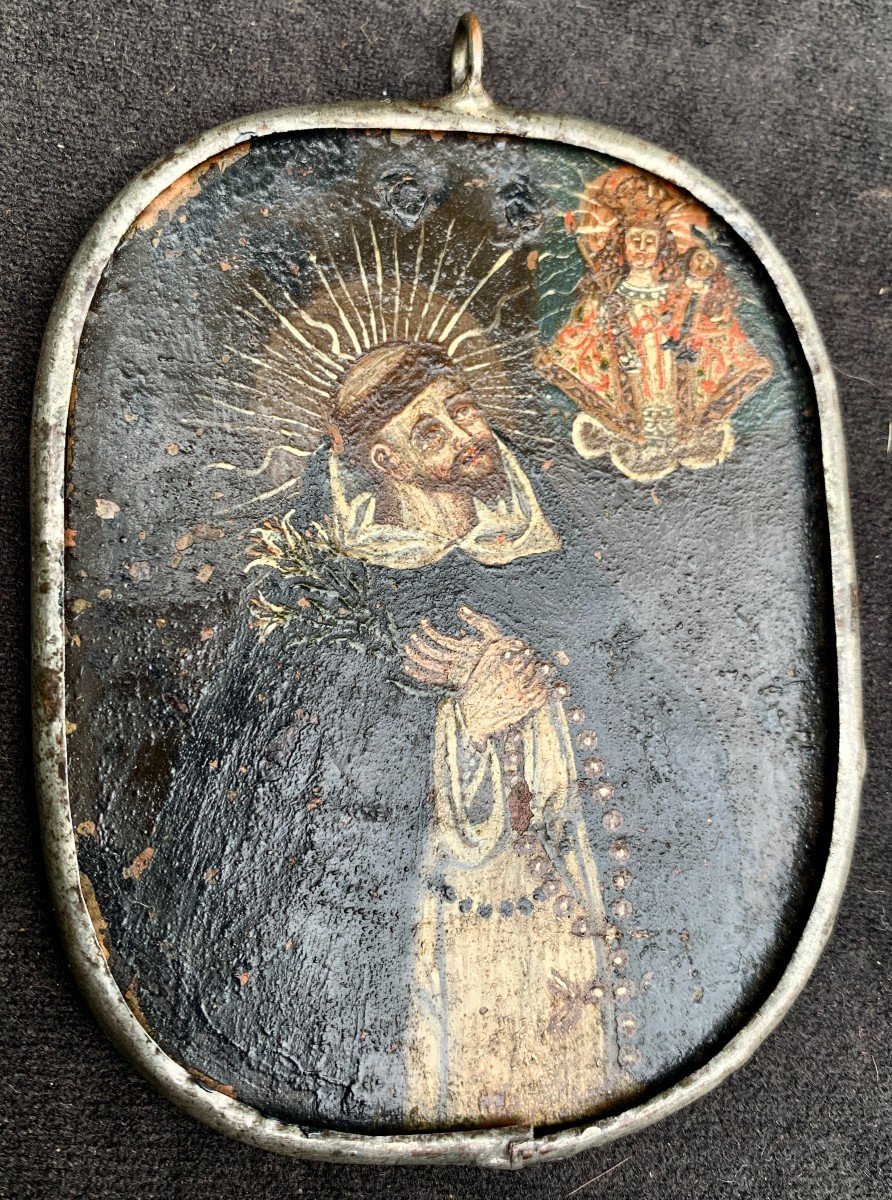 17th Cty, Large Brass Plaque Painted Pendant, Sto Dominguo De Guzmann, Colonial Spanish Work-photo-2