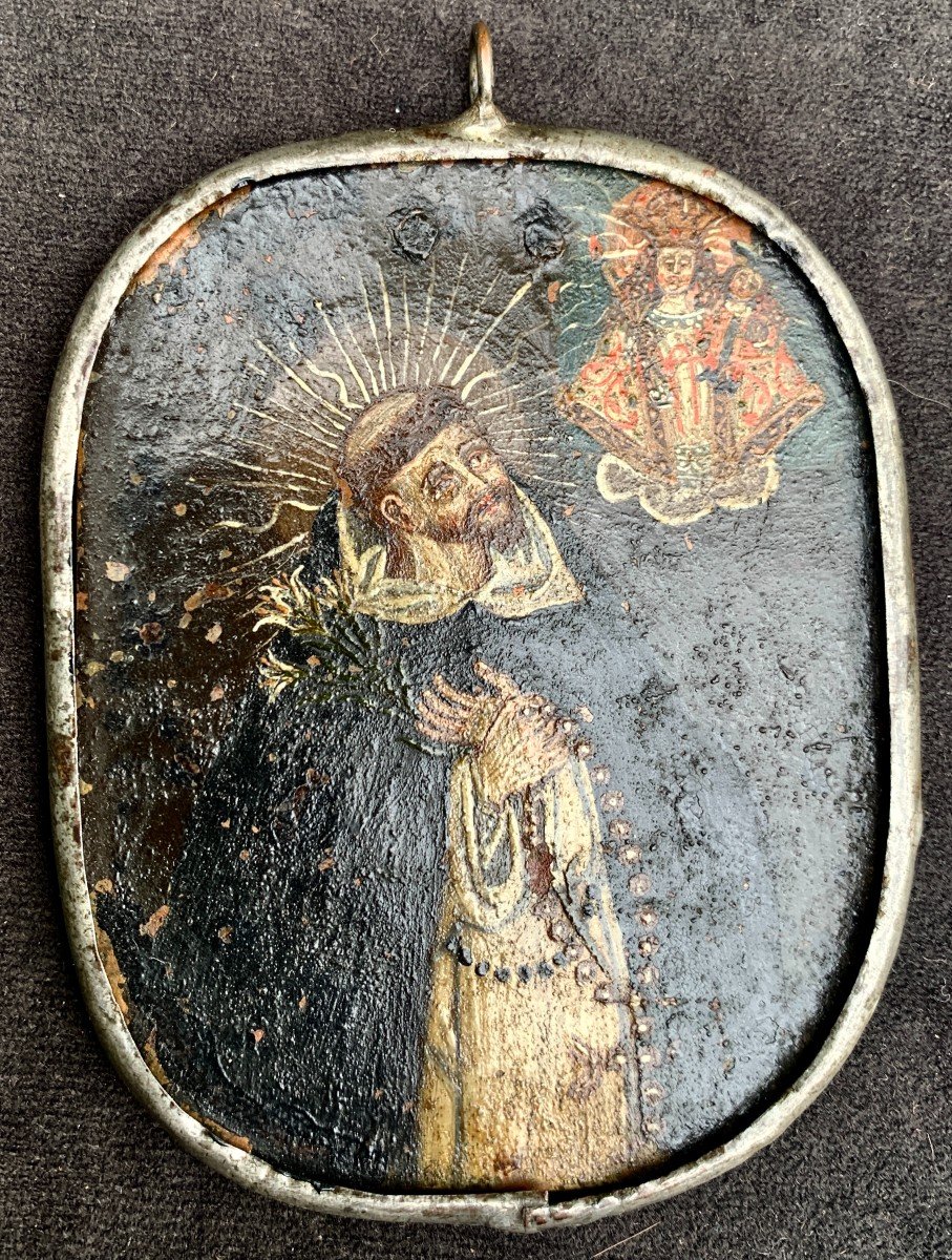 17th Cty, Large Brass Plaque Painted Pendant, Sto Dominguo De Guzmann, Colonial Spanish Work-photo-5