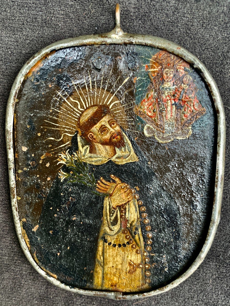 17th Cty, Large Brass Plaque Painted Pendant, Sto Dominguo De Guzmann, Colonial Spanish Work