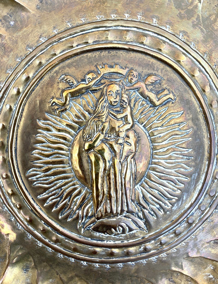 Nuremberg 17th  Cty Stunning Brass Embossed And Chiseled Alms Dish The Coronation Of The Virgin-photo-5