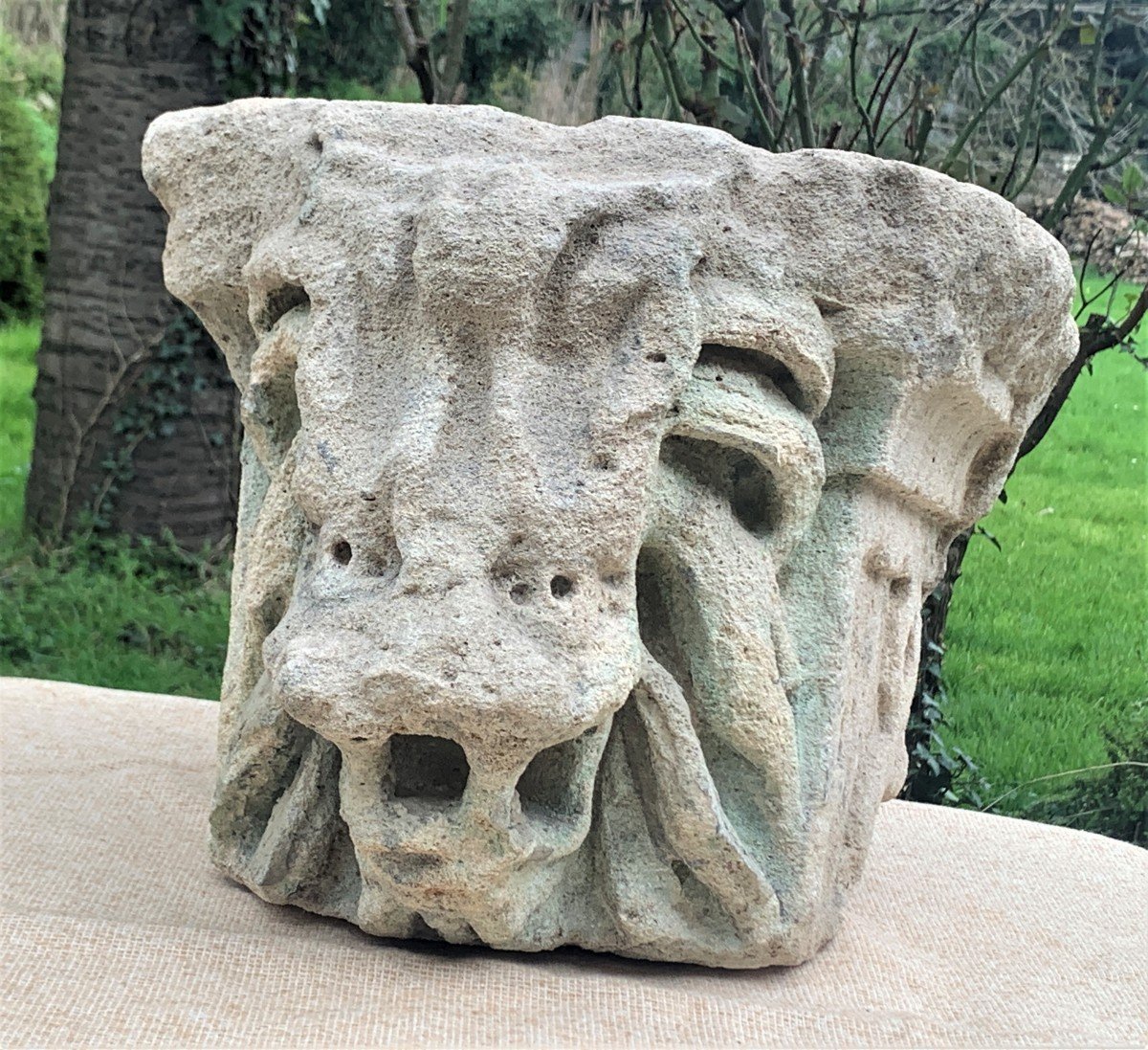 XIVe s superbe modillon pierre calcaire sculpté lion menaçant-photo-2