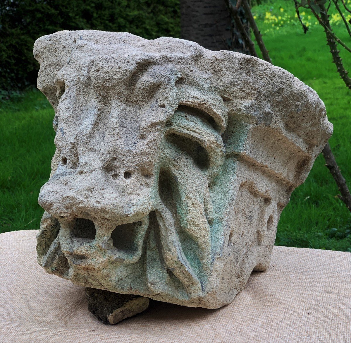 XIVe s superbe modillon pierre calcaire sculpté lion menaçant-photo-3