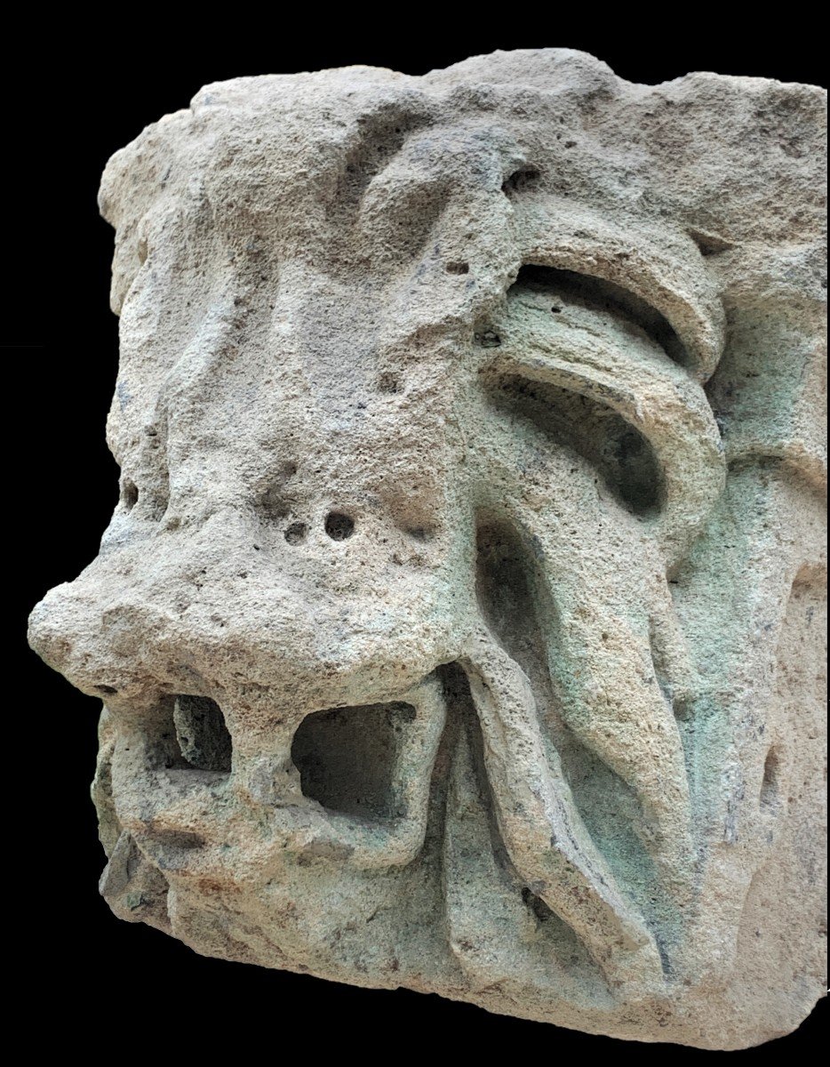 XIVe s superbe modillon pierre calcaire sculpté lion menaçant-photo-4