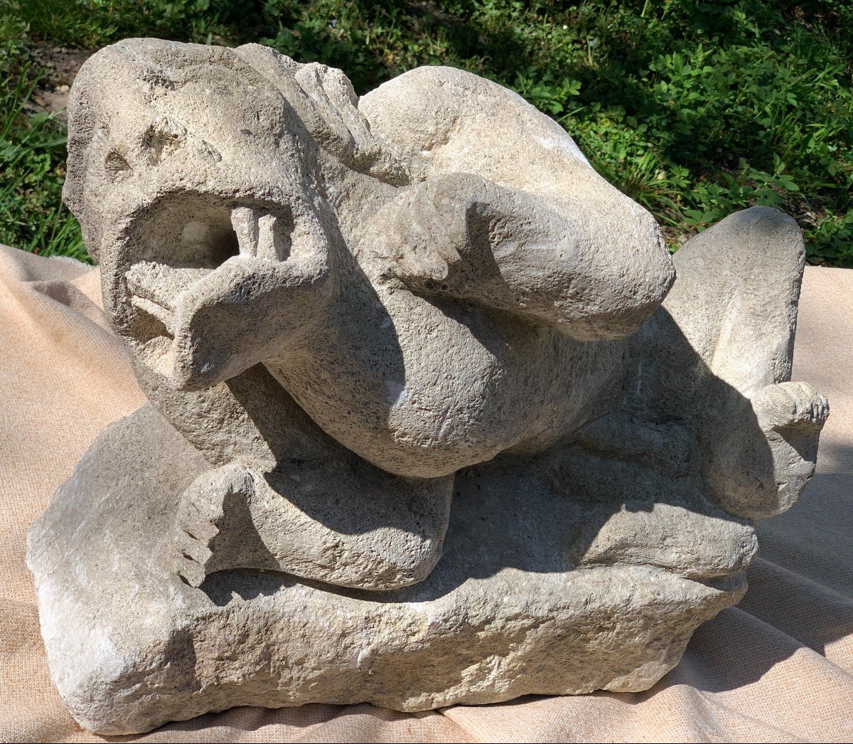 13th C. Stunning Stone Gargoyle, Hybrid Monster With Demon Head & Frog's Body, Roman Period