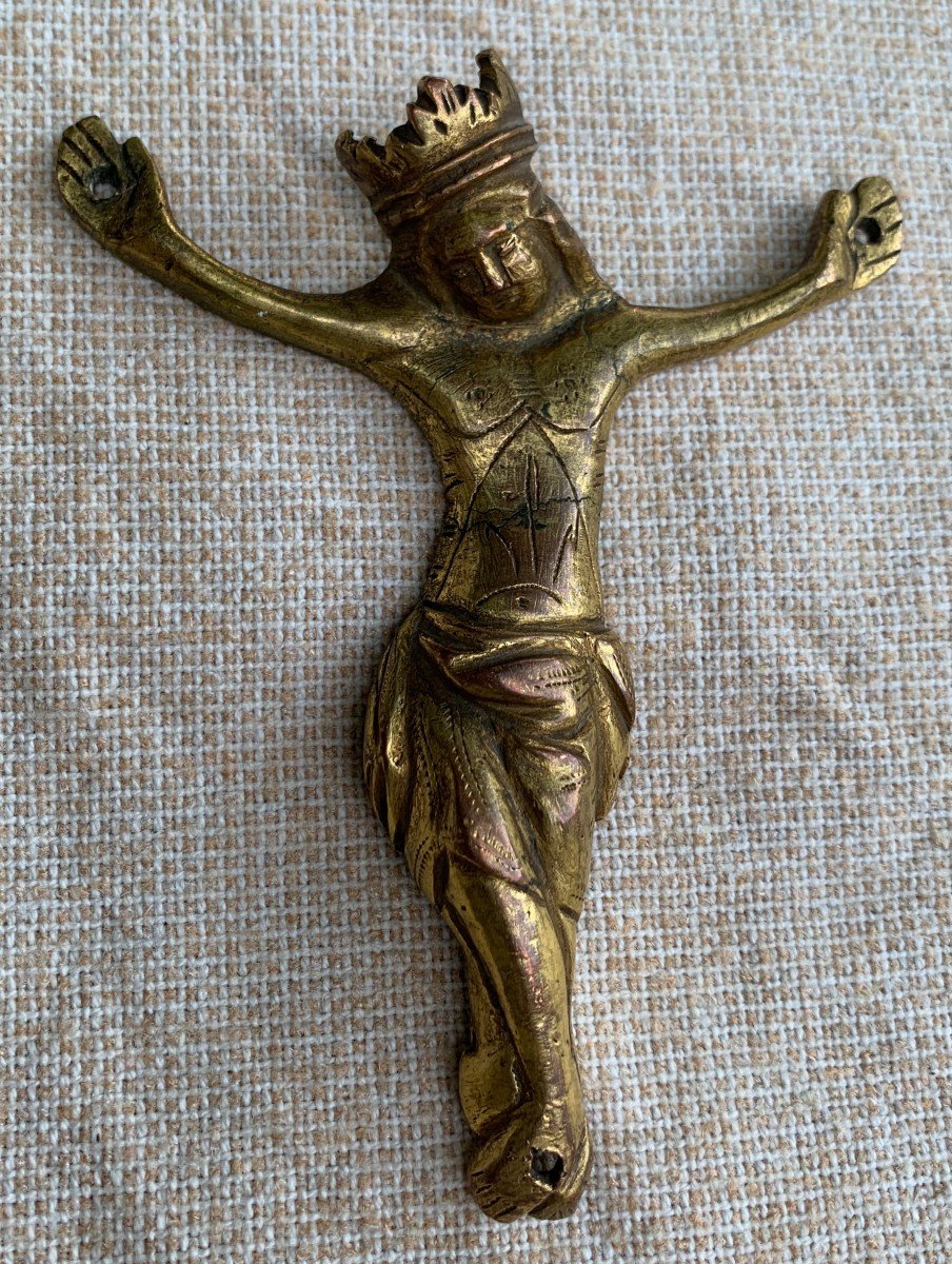 Haute Epoque, 13th Cty Gilded Bronze Medieval Crowned Christ-photo-2