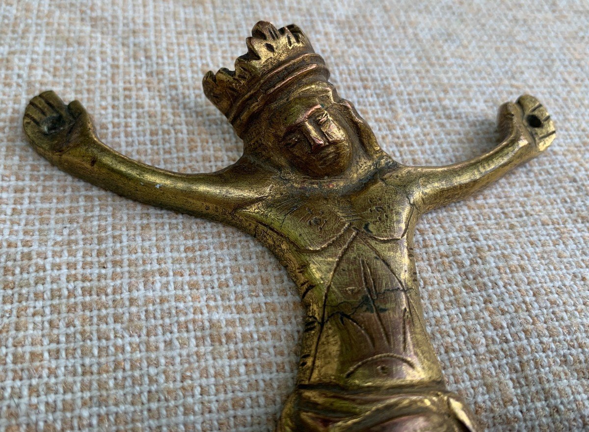 Haute Epoque, 13th Cty Gilded Bronze Medieval Crowned Christ-photo-3