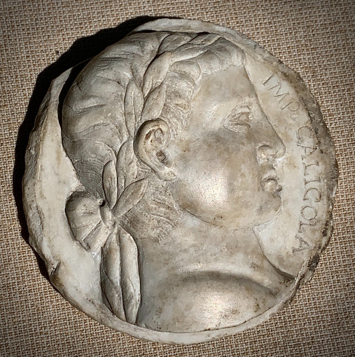 15th White Marble Medallion, Large Tondo Profile Portrait From Roman Emperor Caligula-photo-2