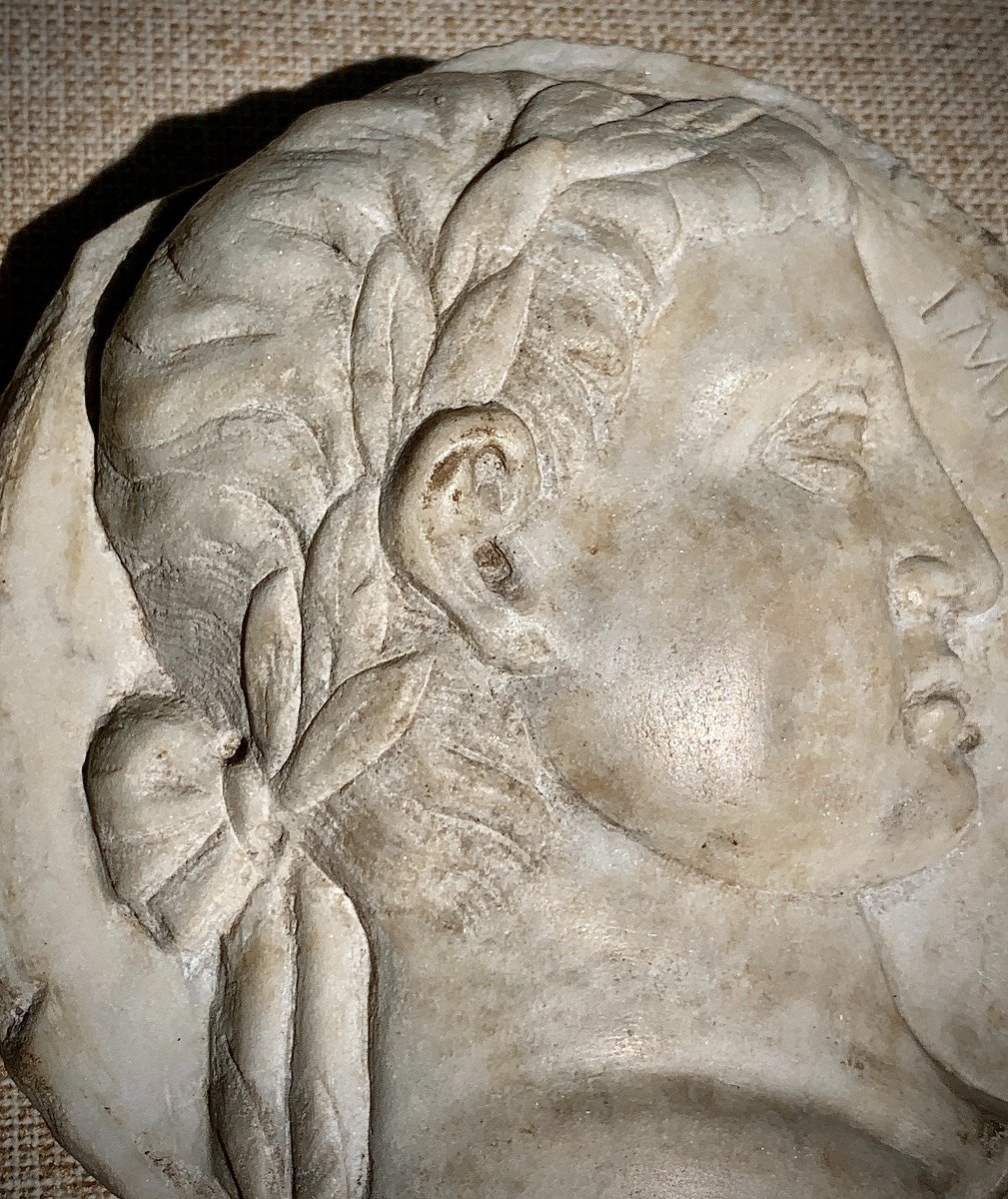 15th White Marble Medallion, Large Tondo Profile Portrait From Roman Emperor Caligula-photo-3