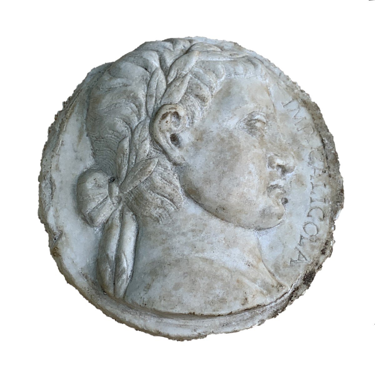 15th White Marble Medallion, Large Tondo Profile Portrait From Roman Emperor Caligula-photo-7