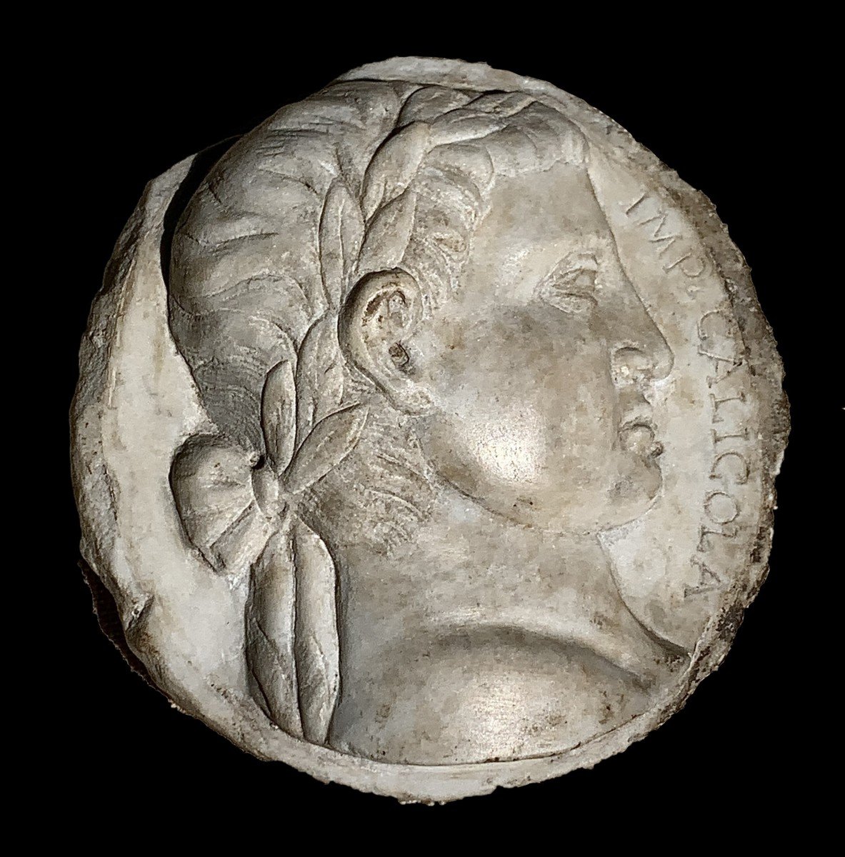 15th White Marble Medallion, Large Tondo Profile Portrait From Roman Emperor Caligula