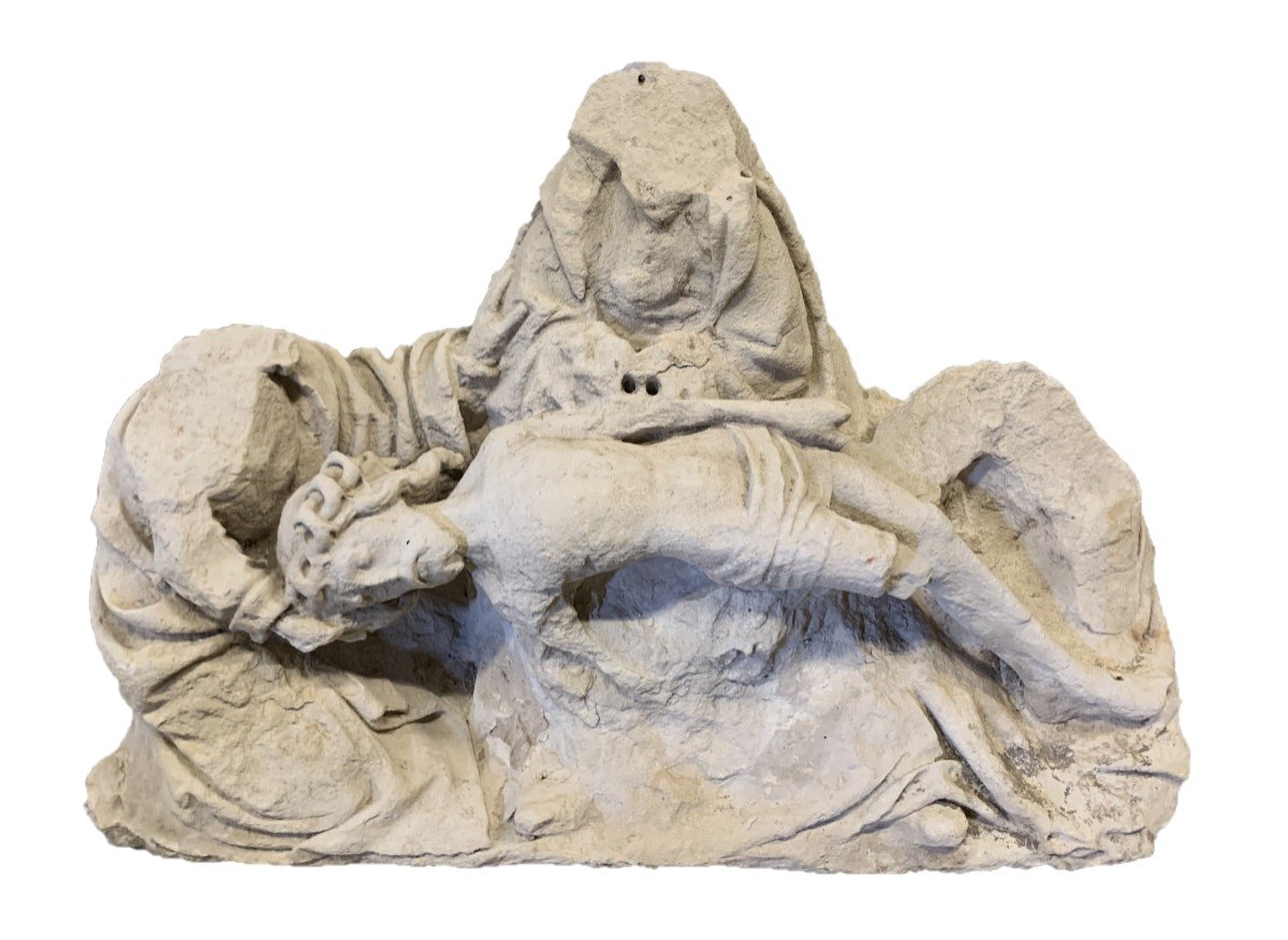 Haute Epoque, 15th Cty Very Large Stone Carved Group Depicting A Pieta-photo-5