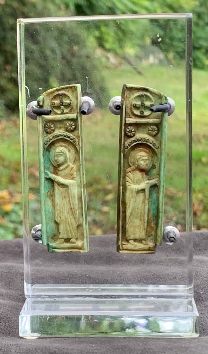 Byzantine Art, 12th To 14th Cty, Pair Of Green Tined Ivory Panels From Miniature Tryptich, Mary, Mother Of God & St. John-photo-3