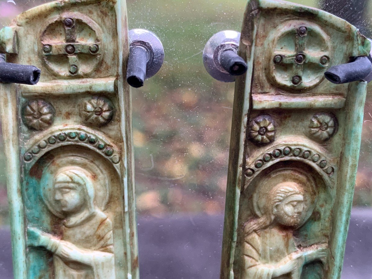 Byzantine Art, 12th To 14th Cty, Pair Of Green Tined Ivory Panels From Miniature Tryptich, Mary, Mother Of God & St. John-photo-1