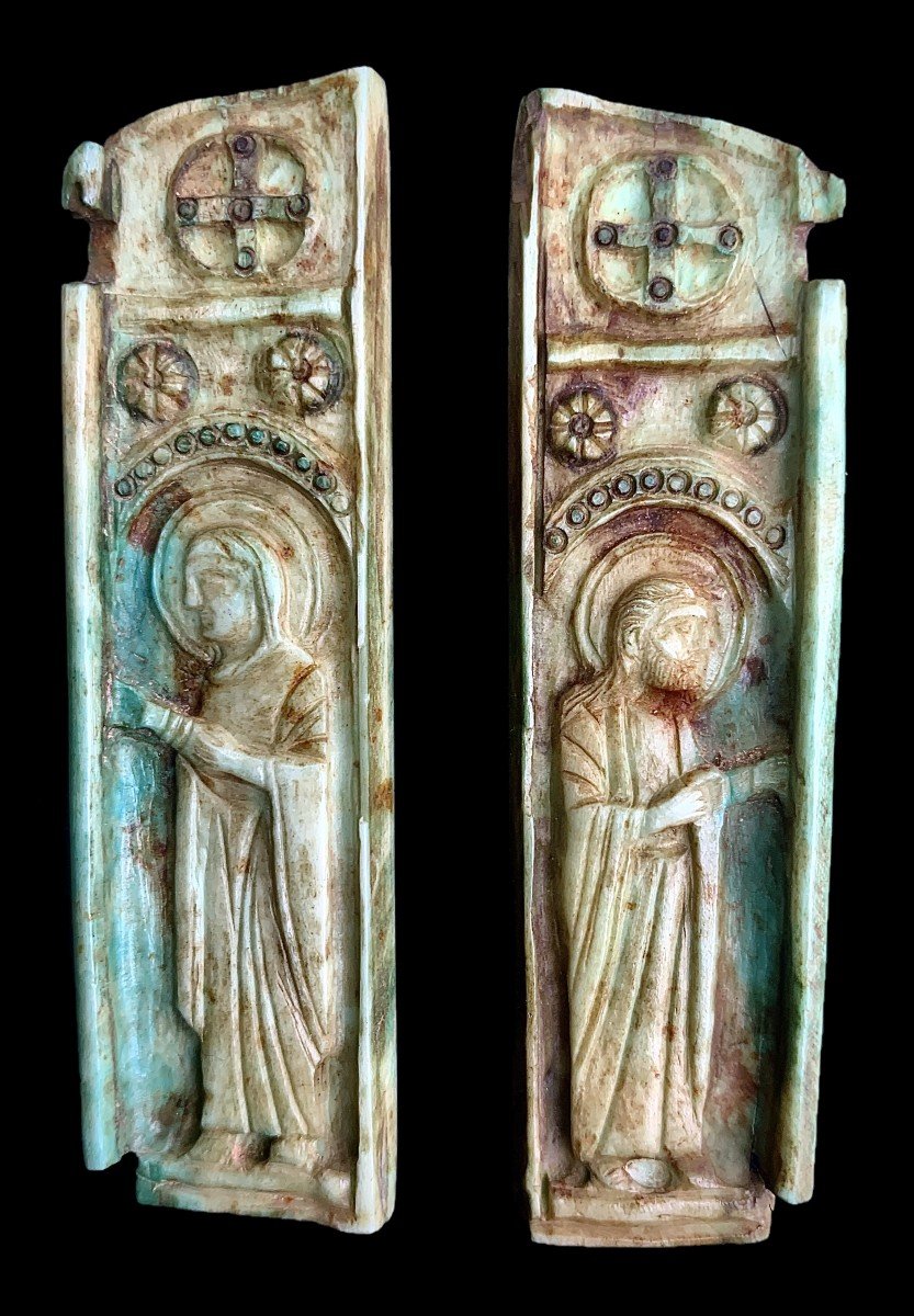 Byzantine Art, 12th To 14th Cty, Pair Of Green Tined Ivory Panels From Miniature Tryptich, Mary, Mother Of God & St. John-photo-3