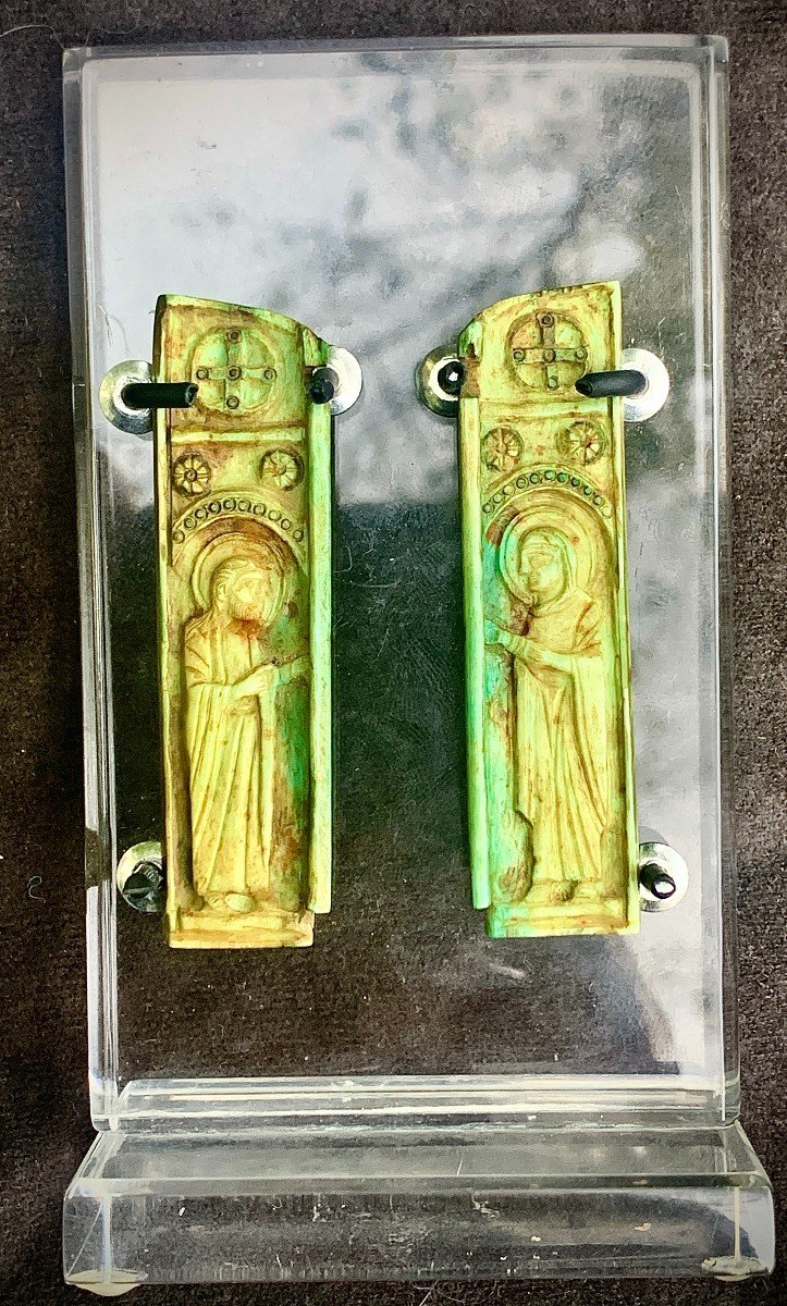 Byzantine Art, 12th To 14th Cty, Pair Of Green Tined Ivory Panels From Miniature Tryptich, Mary, Mother Of God & St. John-photo-6