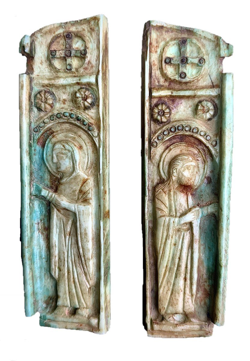 Byzantine Art, 12th To 14th Cty, Pair Of Green Tined Ivory Panels From Miniature Tryptich, Mary, Mother Of God & St. John-photo-8