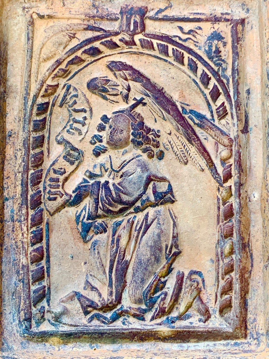 XVth Cty Terracotta Tile Mold With Virgin And Gothic Phylactery Bearing Inscription Ave Maria-photo-6