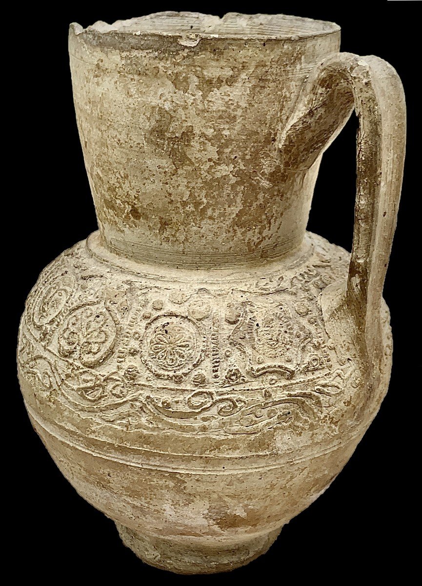 12th Persian / Syria Rare & Intact Terracotta Pitcher, Geometric Molded Decoration & Faces-photo-2