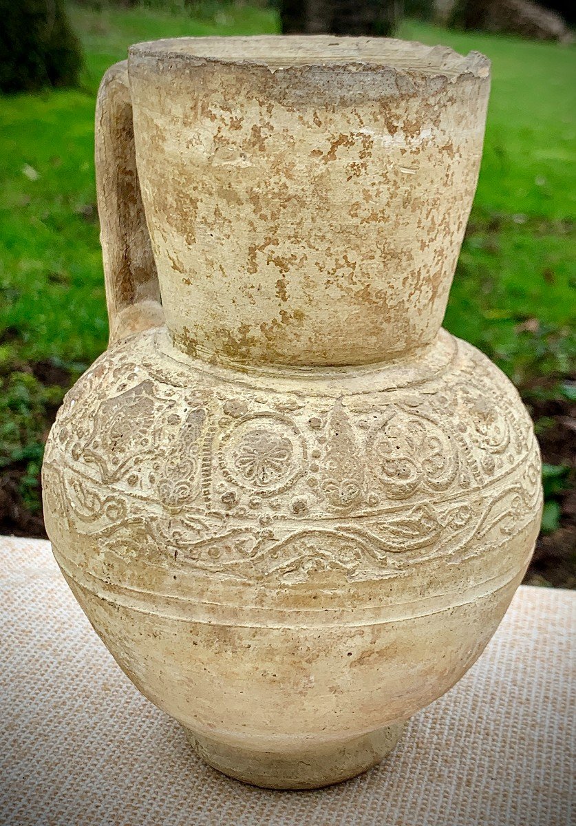 12th Persian / Syria Rare & Intact Terracotta Pitcher, Geometric Molded Decoration & Faces