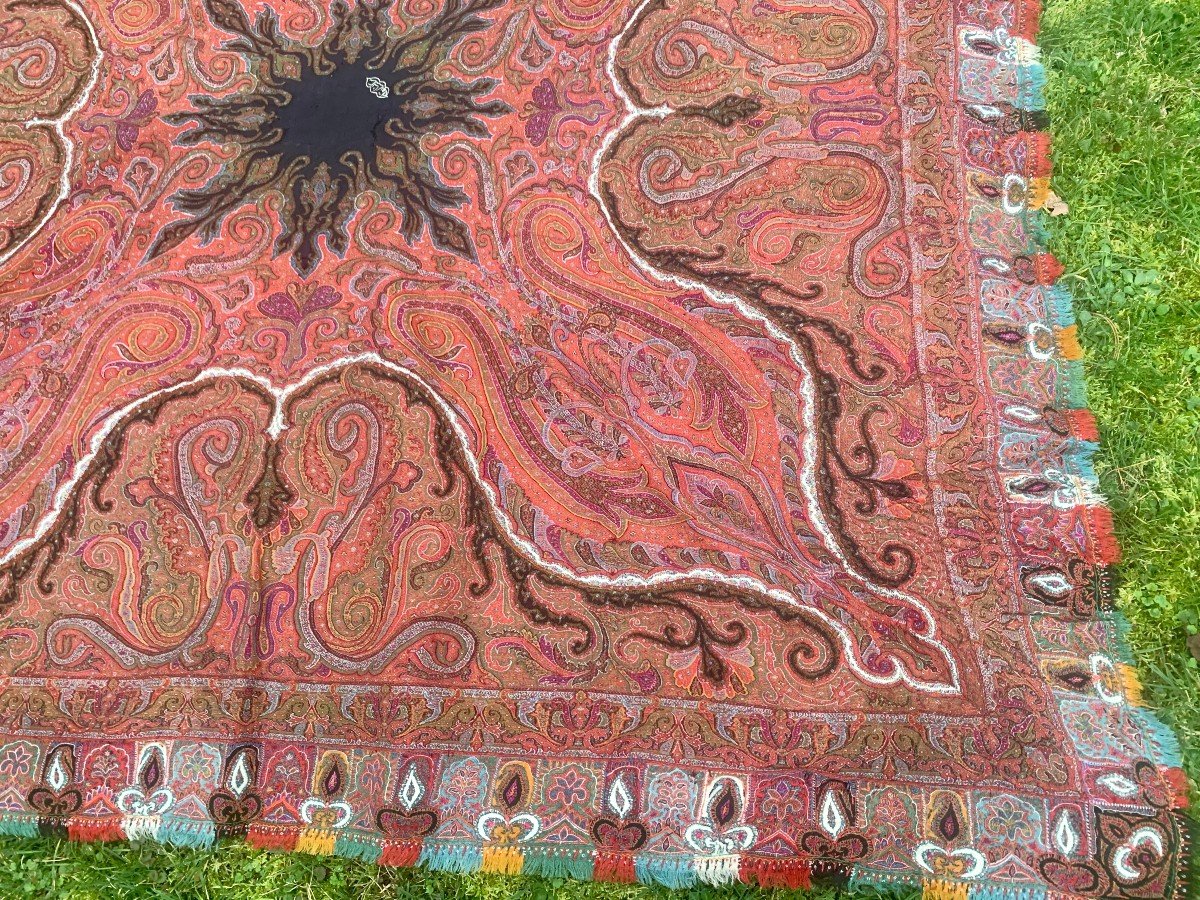 India 19th Cty, Square Cashmere Shawl Hand Embroidered Signature On Black Silk Center, -photo-7