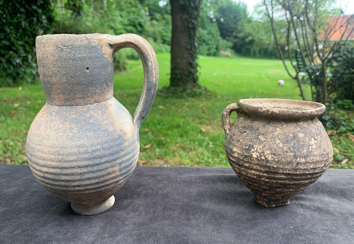 Archeo Roman Or Gallo Roman Terracotta Small Pitcher & Cup -photo-3