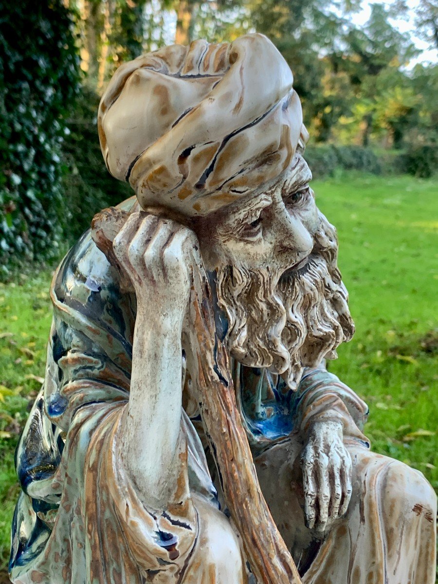 Importante sculpture statuaire vieil homme au turban & bâton de marche, Abraham ?-photo-4